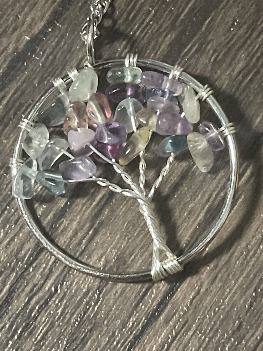 Fluorite Tree of Life Pendant + 20" Stainless Steel Chain Blue Gift Bag
